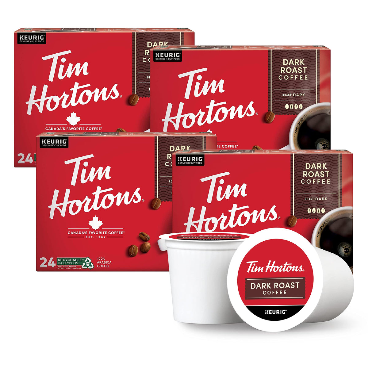 Tim Hortons dark roast pod ready for Keurig, 96-count four-pack in red packaging.