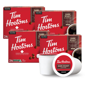 Tim Hortons dark roast pod ready for Keurig, 96-count four-pack in red packaging.