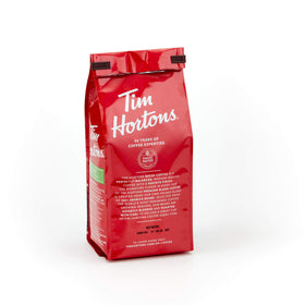 Tim Hortons Decaf Blend ground coffee bag closeup; premium Arabica beans for consistent flavor