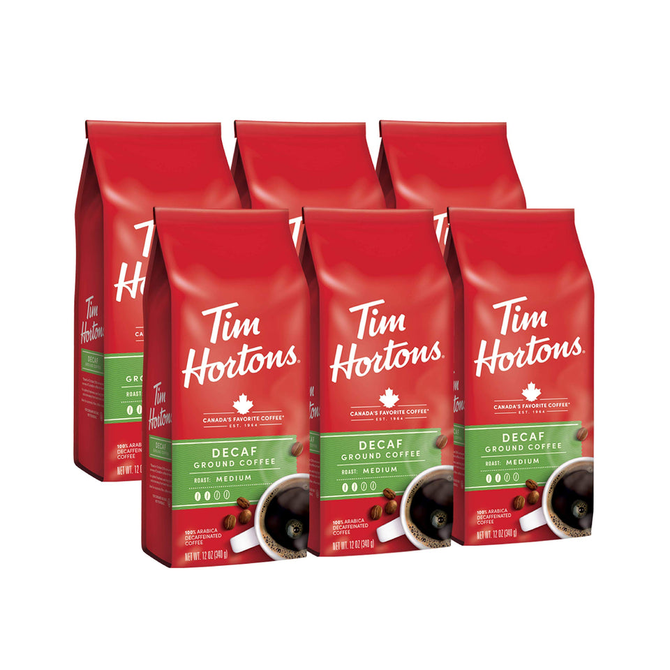 Tim Hortons Decaf Blend packaging showing six bags for convenient home brewing