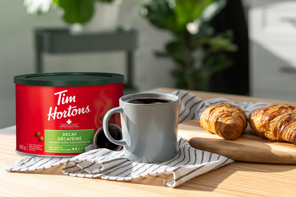 Tim Hortons decaf ground coffee Canada-import label, trusted flavor.