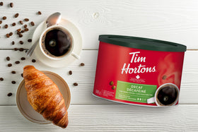 Tim Hortons decaf ground coffee in a cup, mellow and inviting.
