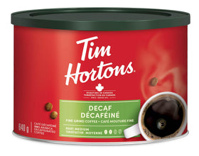 Tim Hortons decaf ground coffee bag front view, ideal for smooth decaf mornings.