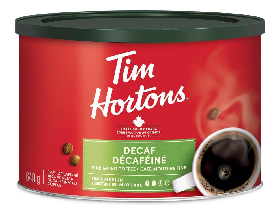 Tim Hortons decaf ground coffee bag front view, ideal for smooth decaf mornings.
