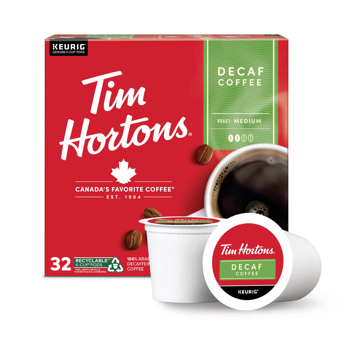 Tim Hortons decaf medium roast K-Cup pod in a Keurig for quick, smooth flavor.
