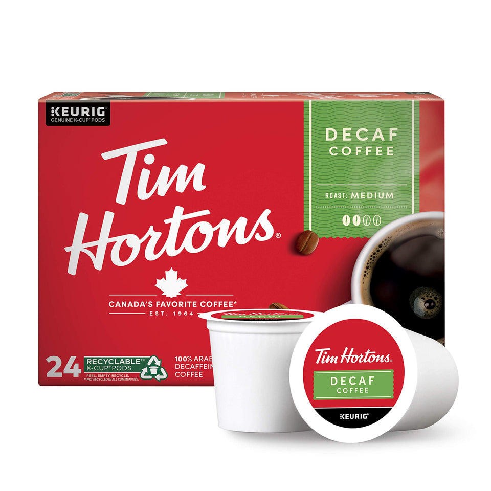 Tim Hortons decaf medium roast K-Cup pod ready for Keurig brewing
