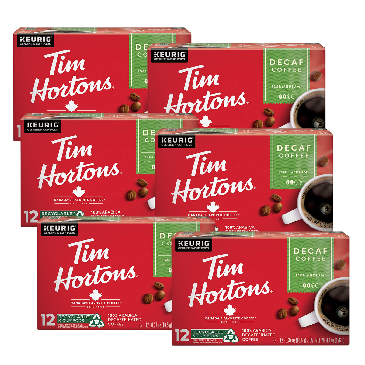 Tim Hortons decaf medium roast K-Cup pods in red packaging, ideal for quick mornings.