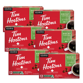 Tim Hortons decaf medium roast K-Cup pods in red packaging, ideal for quick mornings.