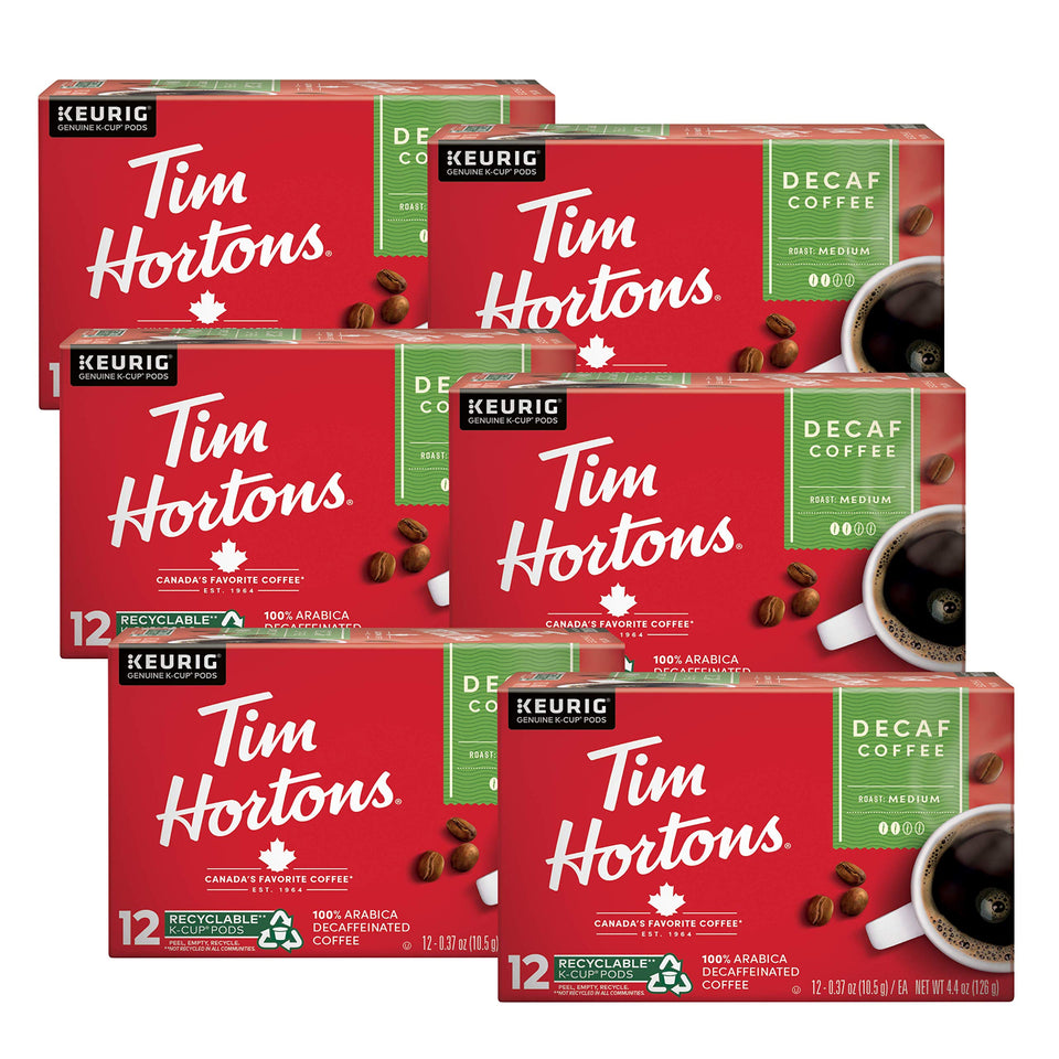 Tim Hortons decaf medium roast K-Cup pods in red packaging, ideal for quick mornings.