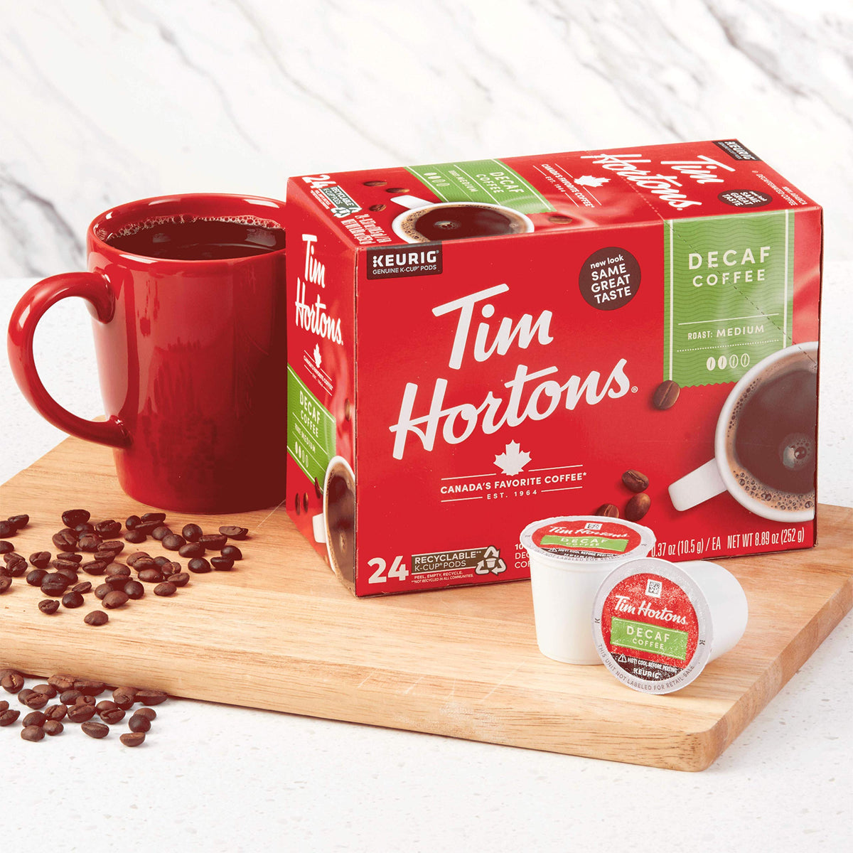 Used pod recycling reminder for Tim Hortons Decaf K-Cups.
