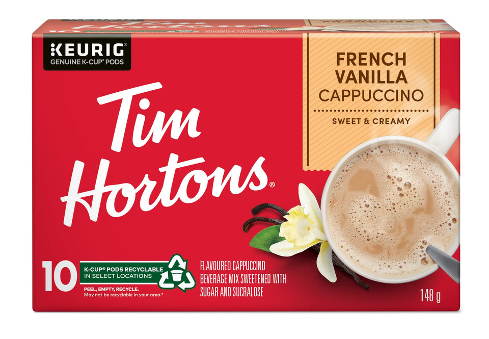 Tim Hortons French Vanilla Cappuccino pods for Keurig, convenient single-serve flavor.