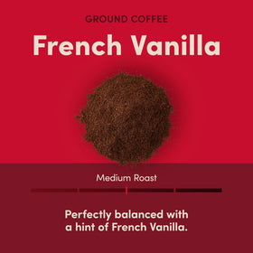 Tim Hortons French Vanilla ground coffee used with a French press for balanced aroma.