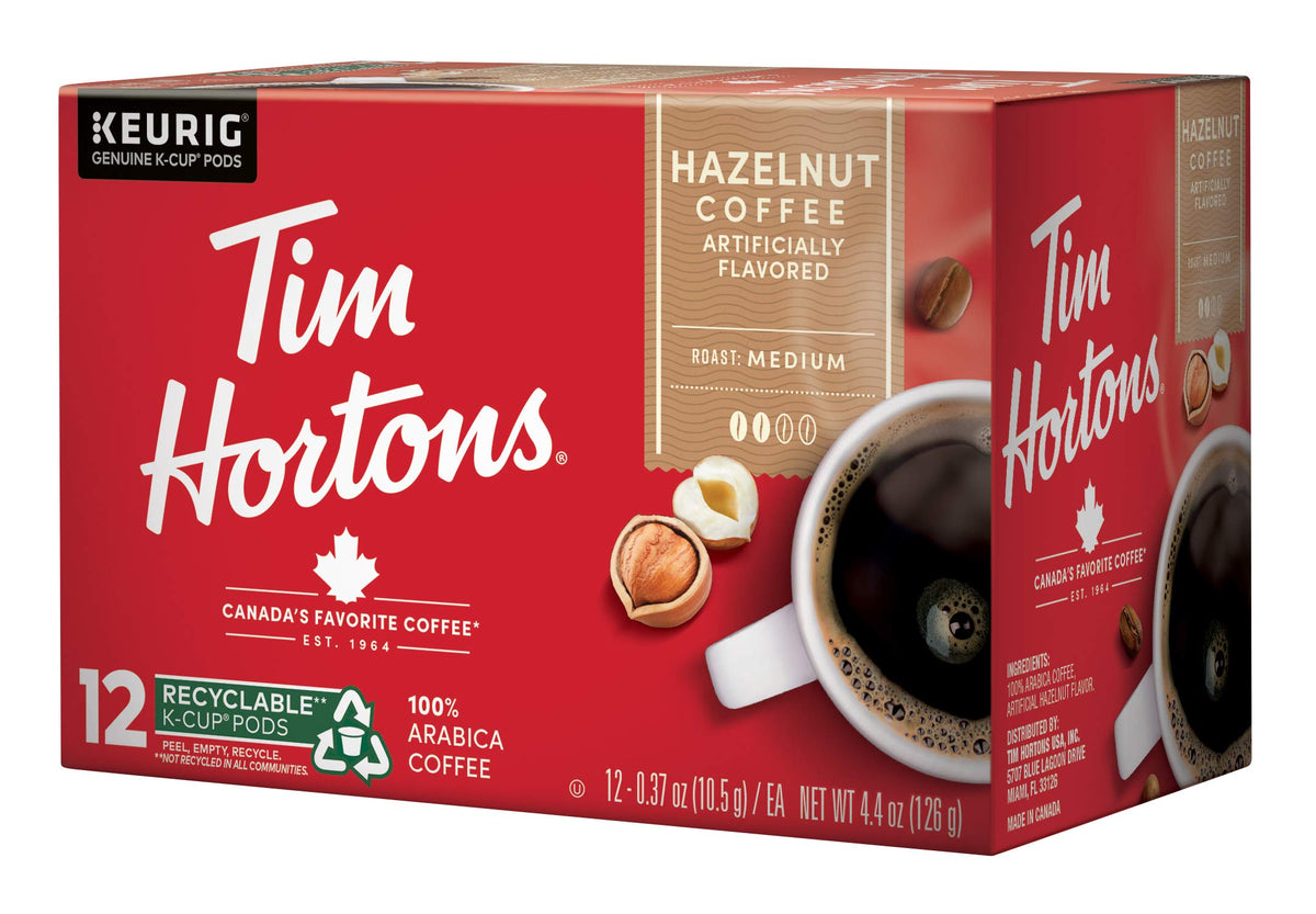 Close-up of Tim Hortons hazelnut flavor label on a K-Cup.