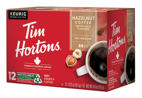 Close-up of Tim Hortons hazelnut flavor label on a K-Cup.