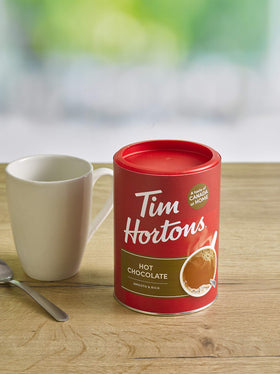 Tim Hortons hot chocolate in-store cup, ready for quick indulgence on the go
