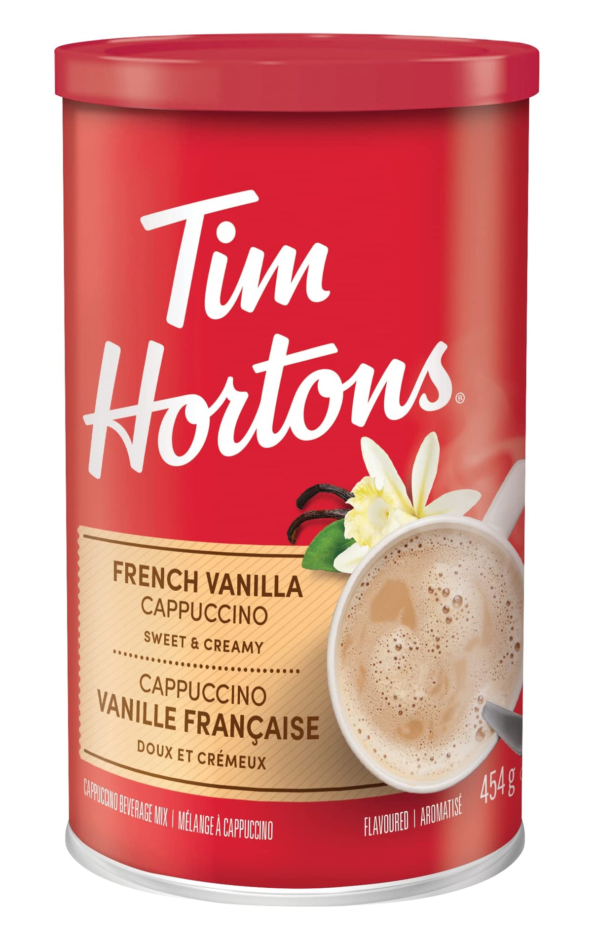Tim Hortons Instant Cappuccino French Vanilla 16 oz pack-shot, convenient at-home coffee