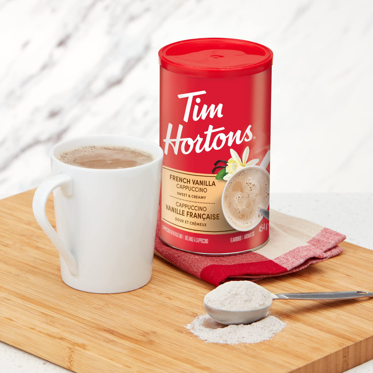 Tim Hortons Instant Cappuccino French Vanilla cup with frothy top, ready in minutes