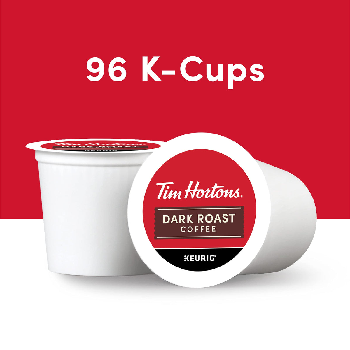 Tim Hortons dark roast pod beside Keurig, convenient single-serve for fast, flavorful cups.