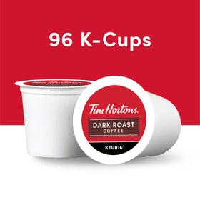 Tim Hortons dark roast pod beside Keurig, convenient single-serve for fast, flavorful cups.