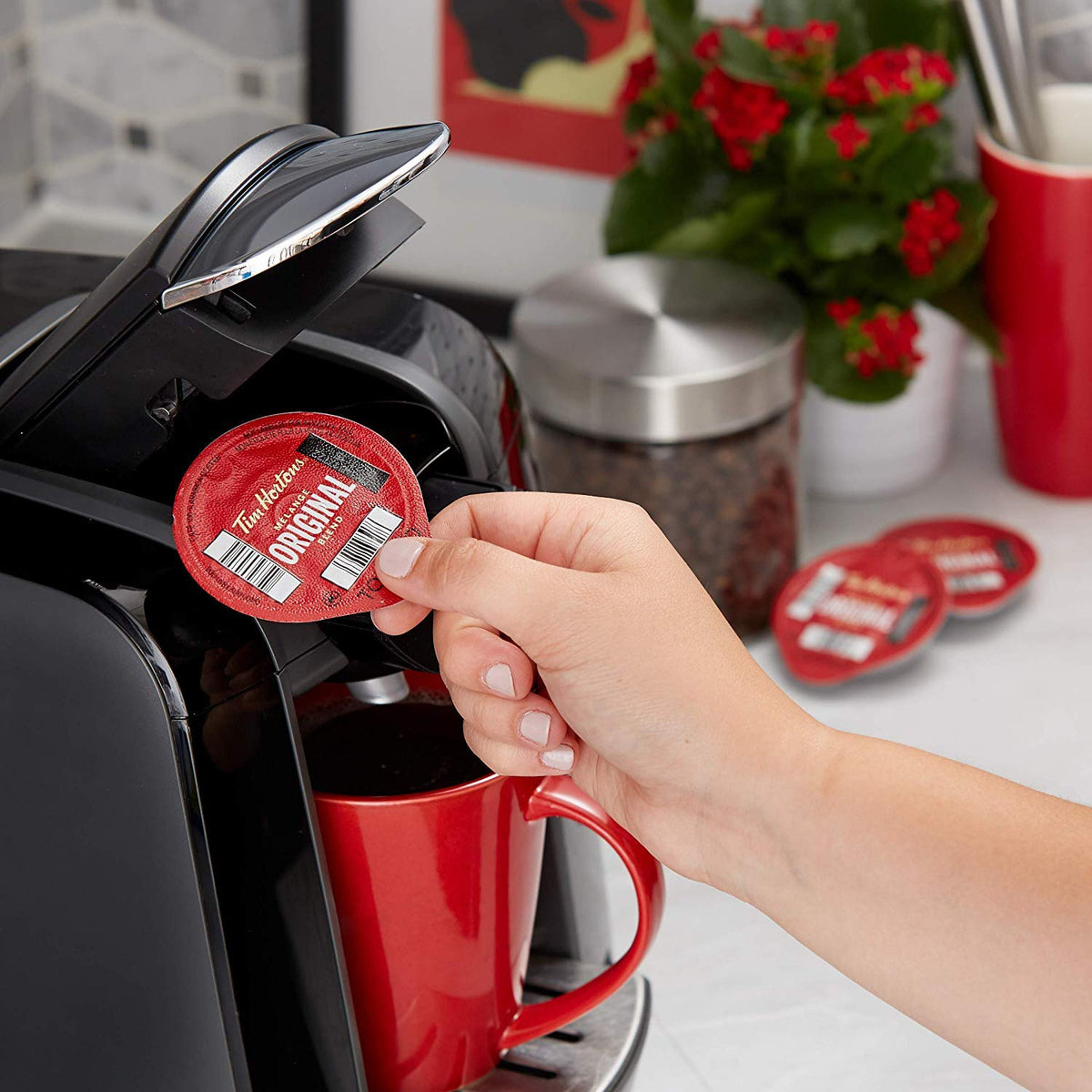 Morning kitchen scene showing Tim Hortons T-Discs for easy brewing.