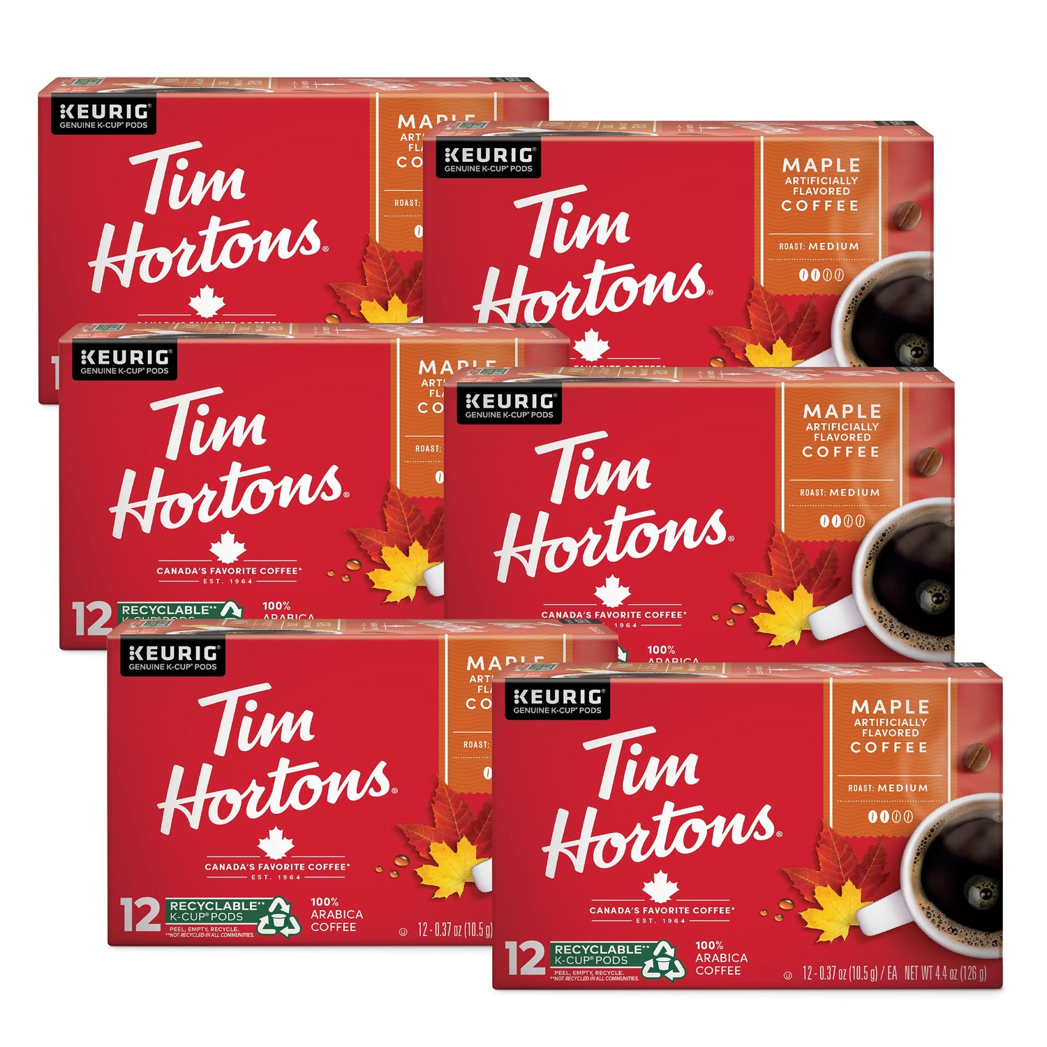 Tim Hortons maple coffee pod in red packaging, ready for Keurig, convenient mornings