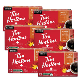 Tim Hortons maple coffee pod in red packaging, ready for Keurig, convenient mornings