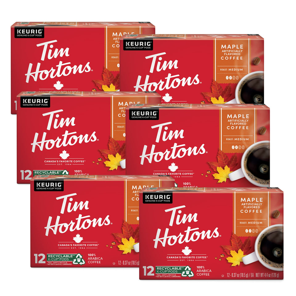 Tim Hortons maple coffee pod in red packaging, ready for Keurig, convenient mornings