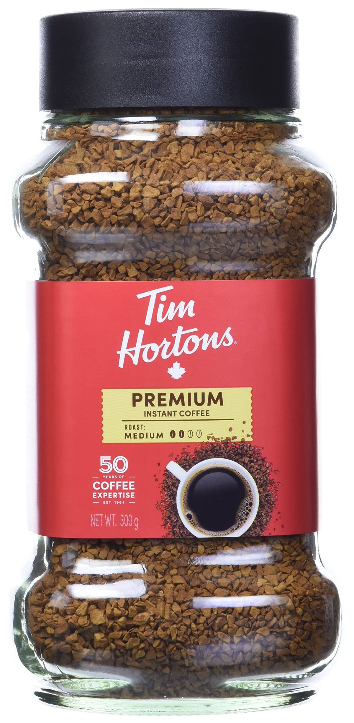 Tim Hortons Medium Roast Instant Coffee jar on counter, offering a long-lasting supply for busy mornings.