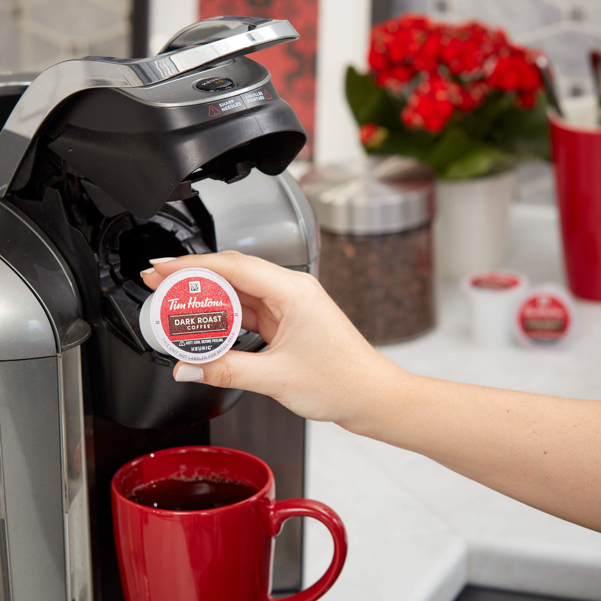 Tim Hortons mug with dark roast ready for a comforting moment