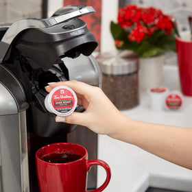 Tim Hortons mug with dark roast ready for a comforting moment