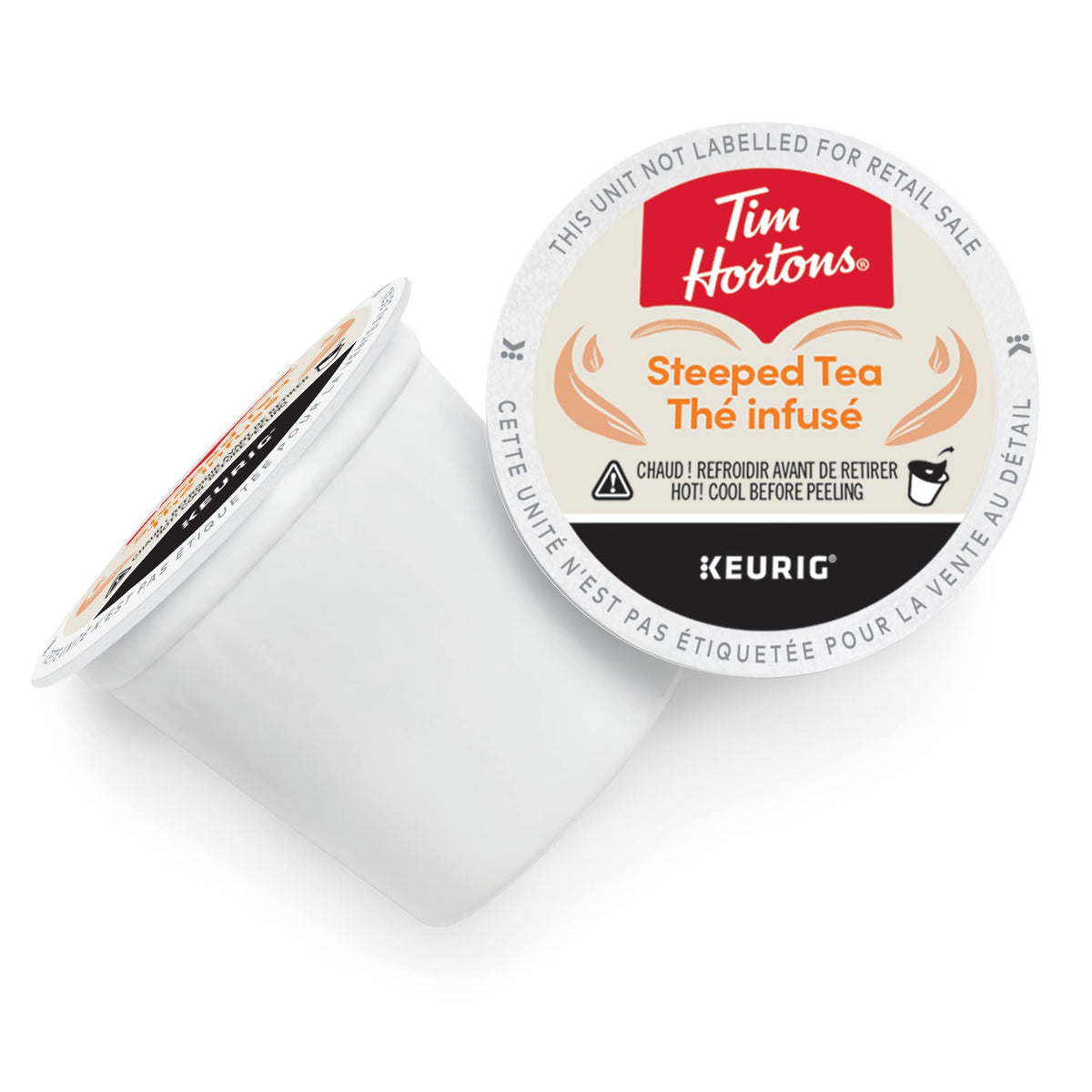 Tim Hortons orange pekoe tea pods loaded in a Keurig brewer for quick cup