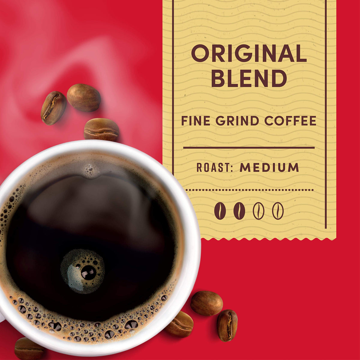 Close-up of Tim Hortons Original Blend 100% Arabica beans for a smooth cup.