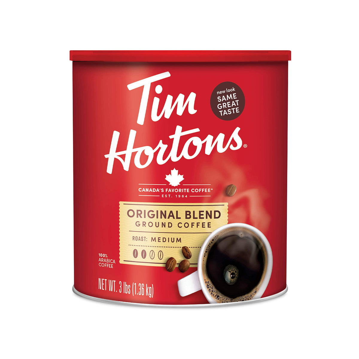 Tim Hortons Original Blend ground coffee canister ready for easy home brewing.