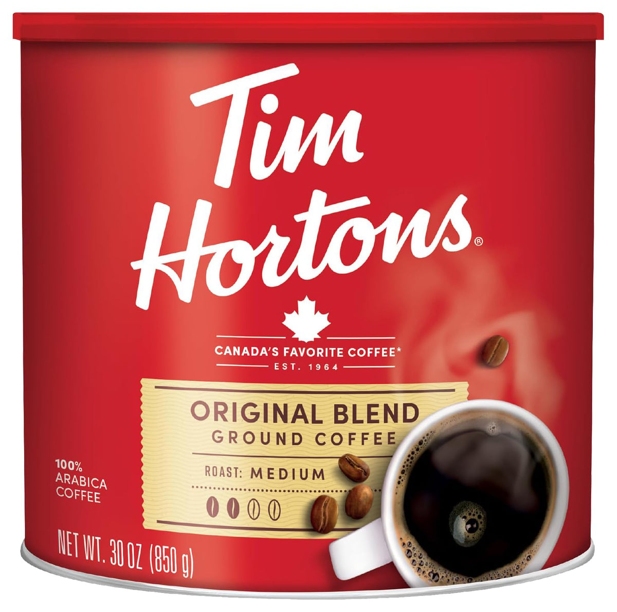 Tim Hortons Original Blend ground coffee can displaying premium 100% Arabica beans.