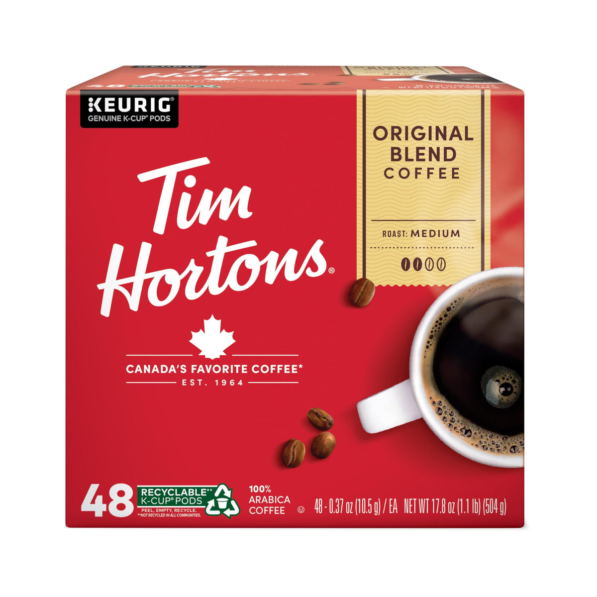 Tim Hortons Original Blend K-Cup pods for Keurig brewers with convenient 48-count pack