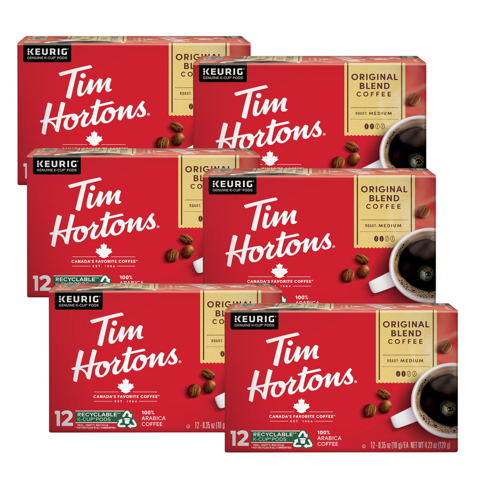 Tim Hortons Original Blend K-Cup pods ready for Keurig brewers, convenient daily caffeine.