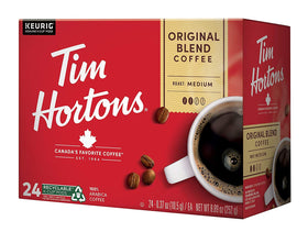 Tim Hortons Original Blend packaging highlights a medium roast for a balanced cup.
