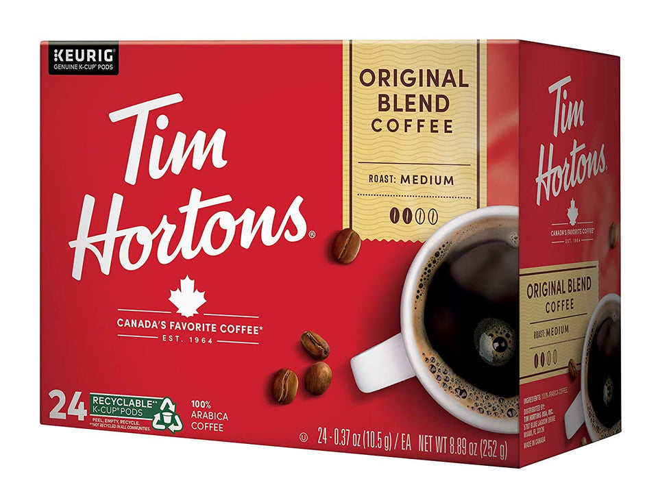 Tim Hortons Original Blend packaging highlights a medium roast for a balanced cup.
