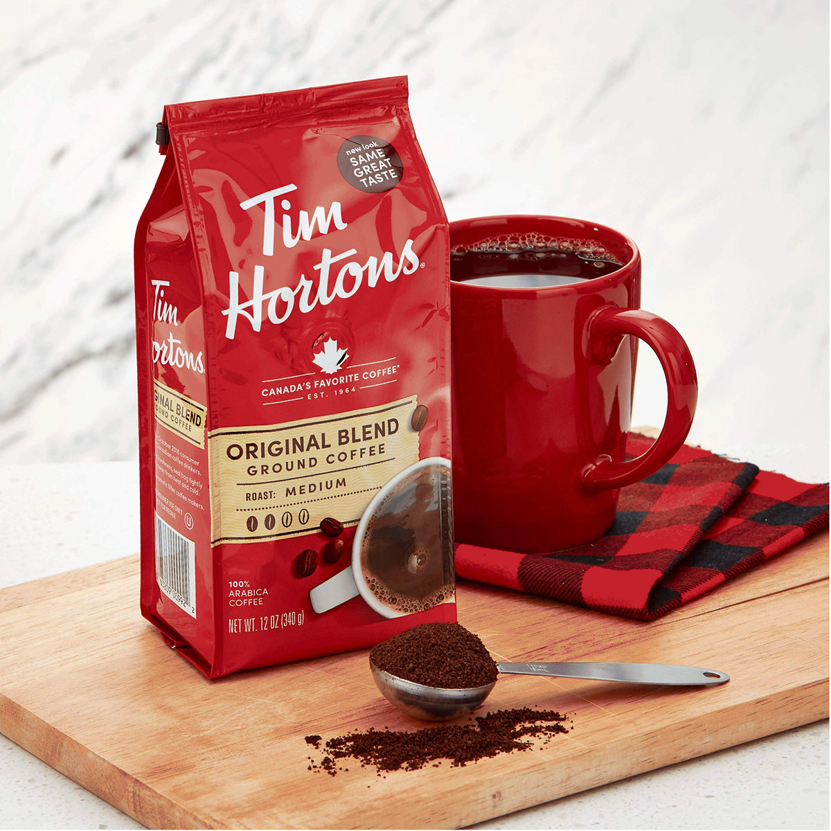 Six-pack of Tim Hortons Original Blend ground coffee for home use