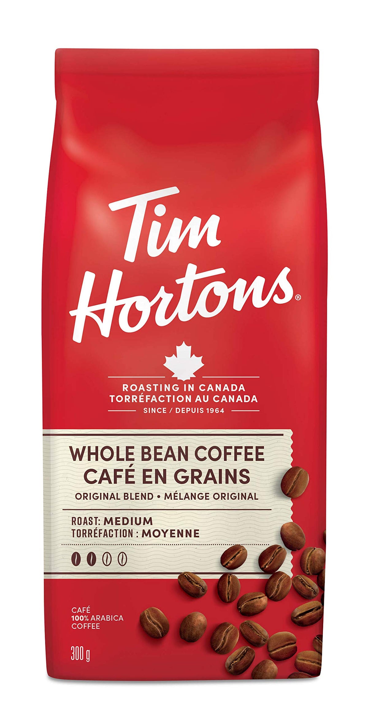 Tim Hortons Original Blend whole bean bag with rich aroma for fresh grinding