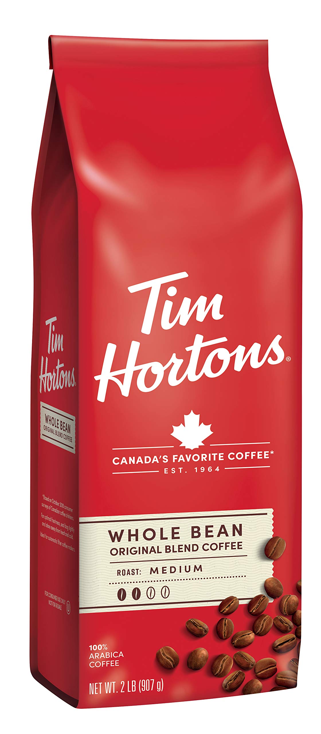 Tim Hortons Original whole bean 32-ounce bag, front view, ready for home brewing.