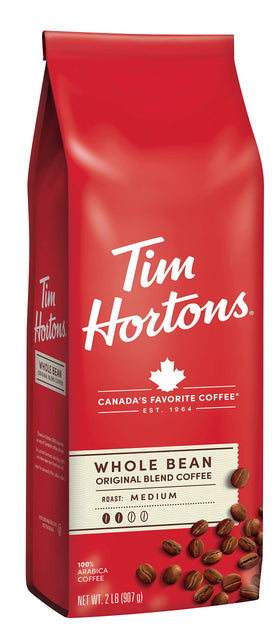 Tim Hortons Original whole bean 32-ounce bag, front view, ready for home brewing.