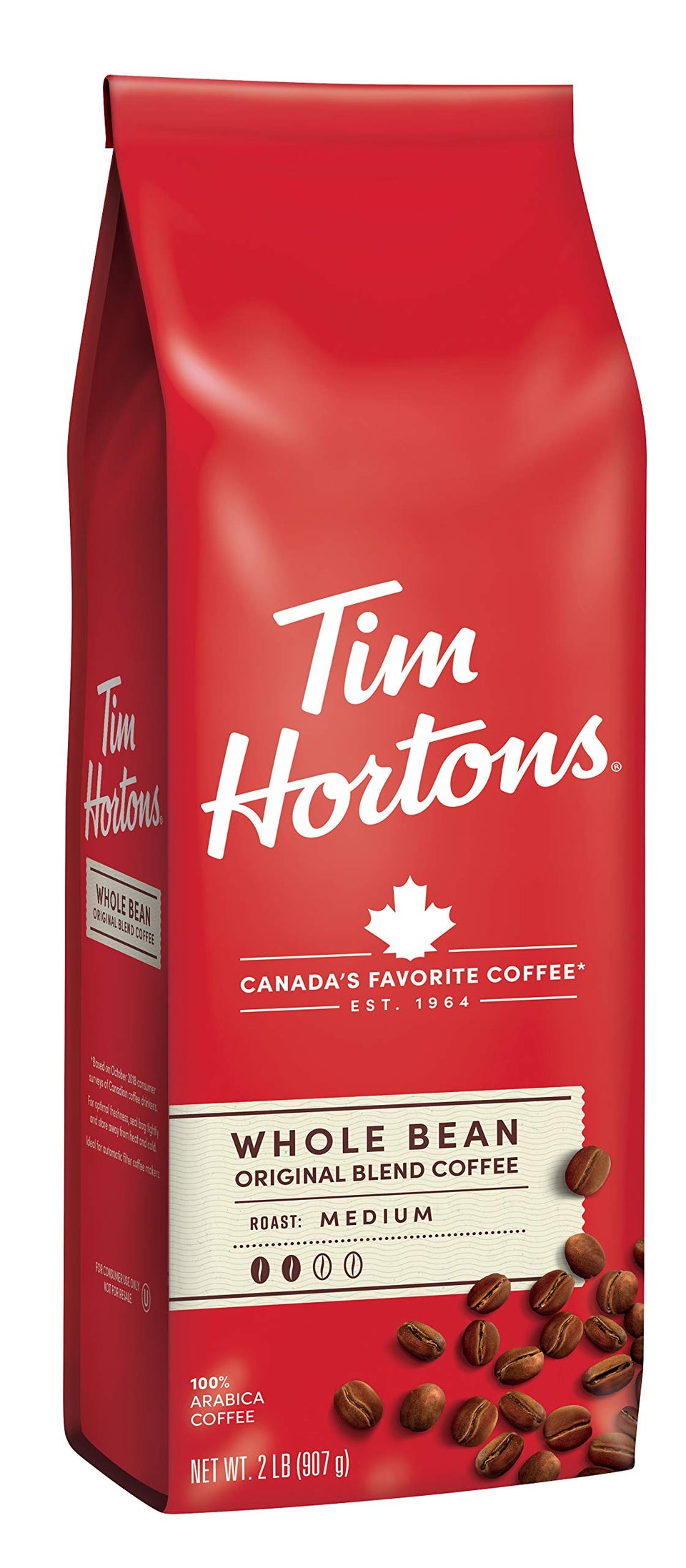 Tim Hortons Original whole bean 32-ounce bag, front view, ready for home brewing.