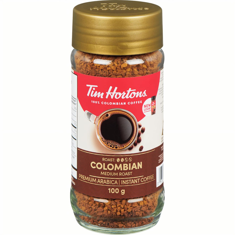 Tim Hortons Premium Instant Coffee Medium packaging conveys premium quality and quick daily use.