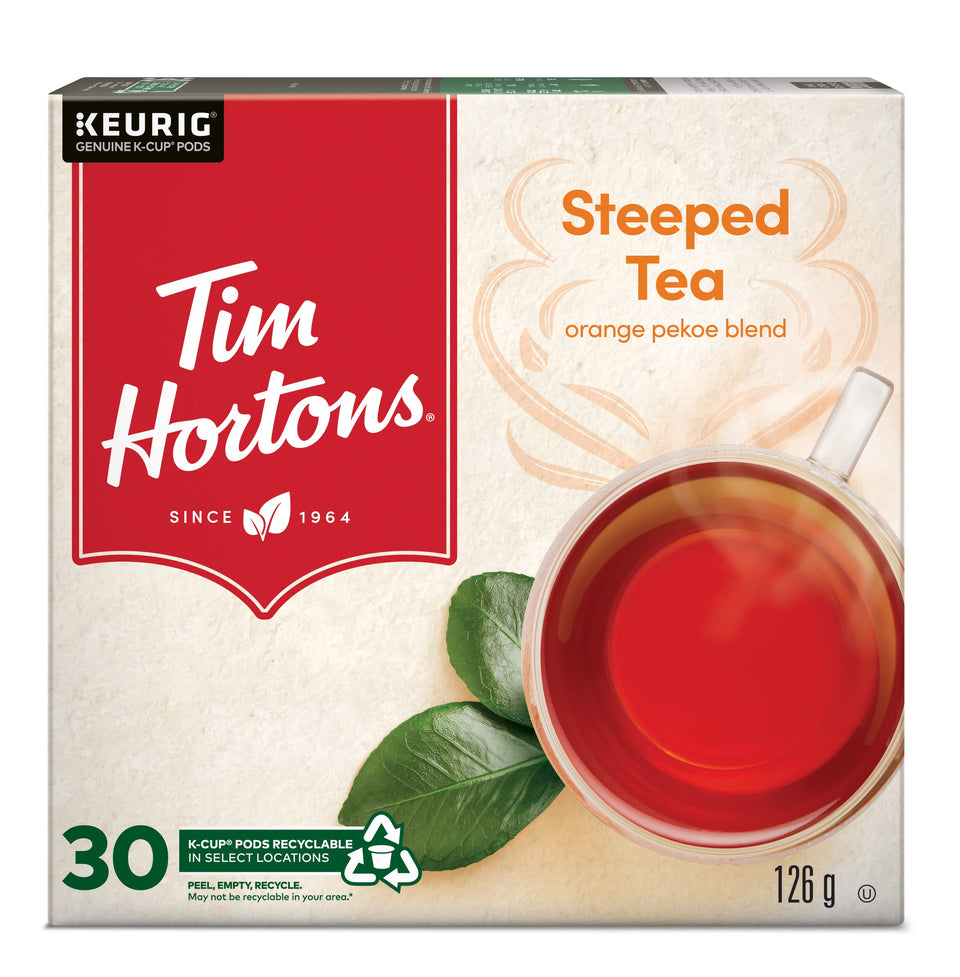 Tim Hortons steeped orange pekoe tea pods in packaging promoting easy single-serve brewing