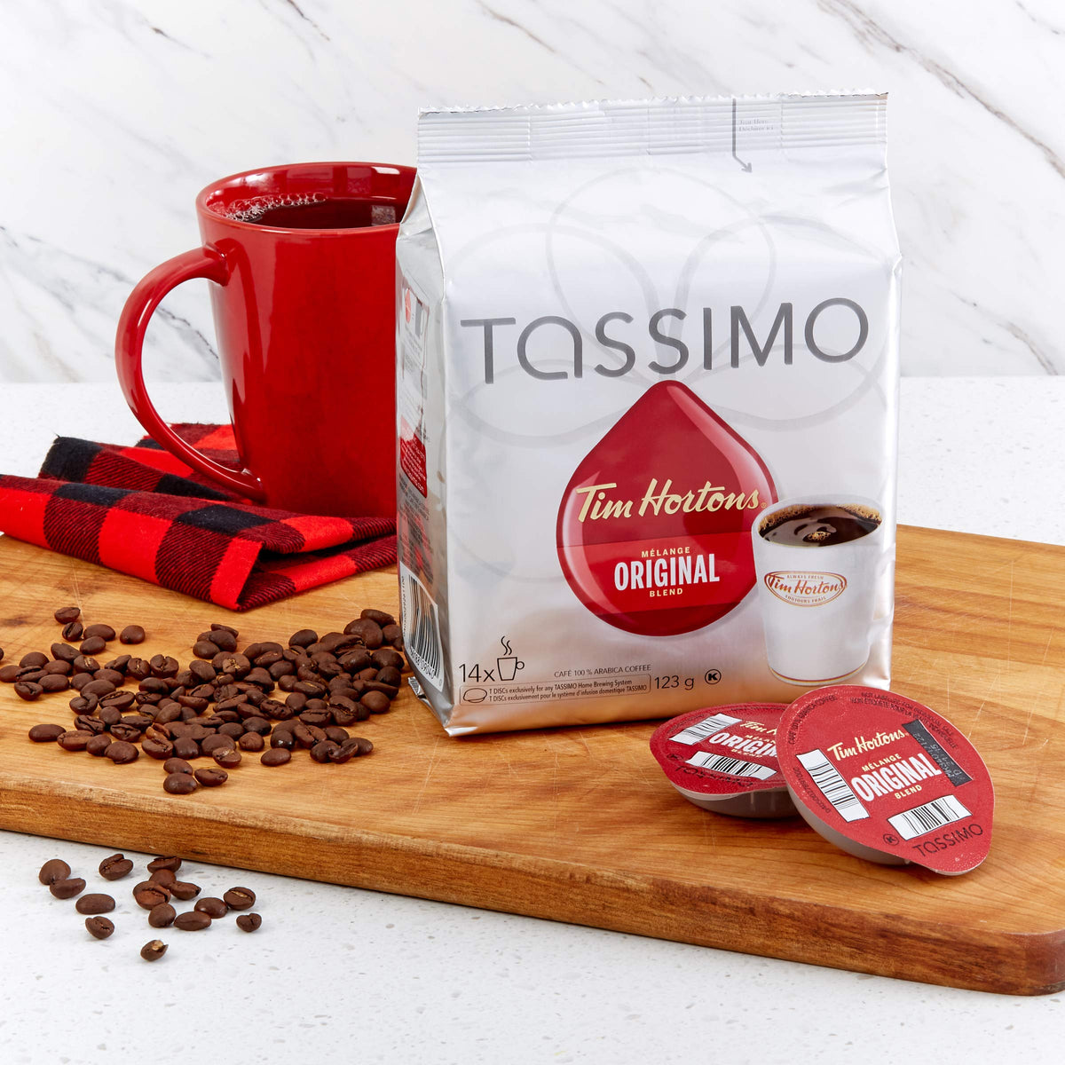 Opened Tim Hortons Original Coffee T-Discs box ready to brew.