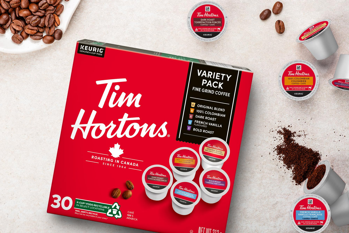 Tim Hortons home coffee setup with assorted K-Cups ready for quick fix
