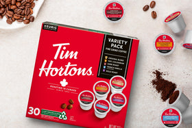 Tim Hortons home coffee setup with assorted K-Cups ready for quick fix