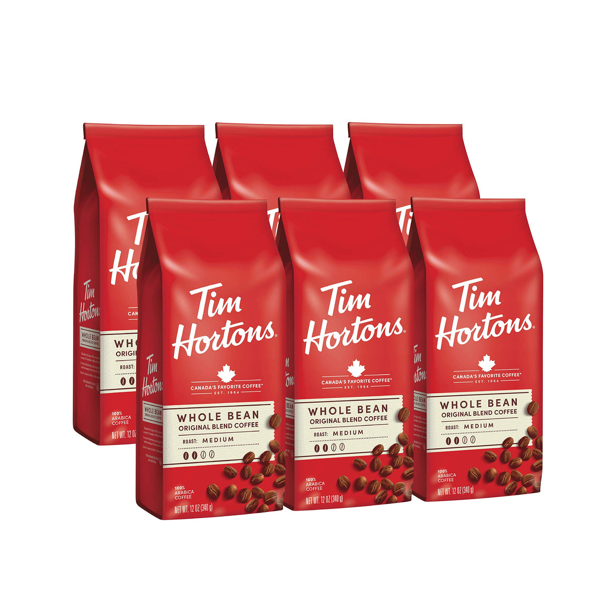Tim Hortons Whole Bean Original bag front showing whole beans ideal for fresh grinding at home.