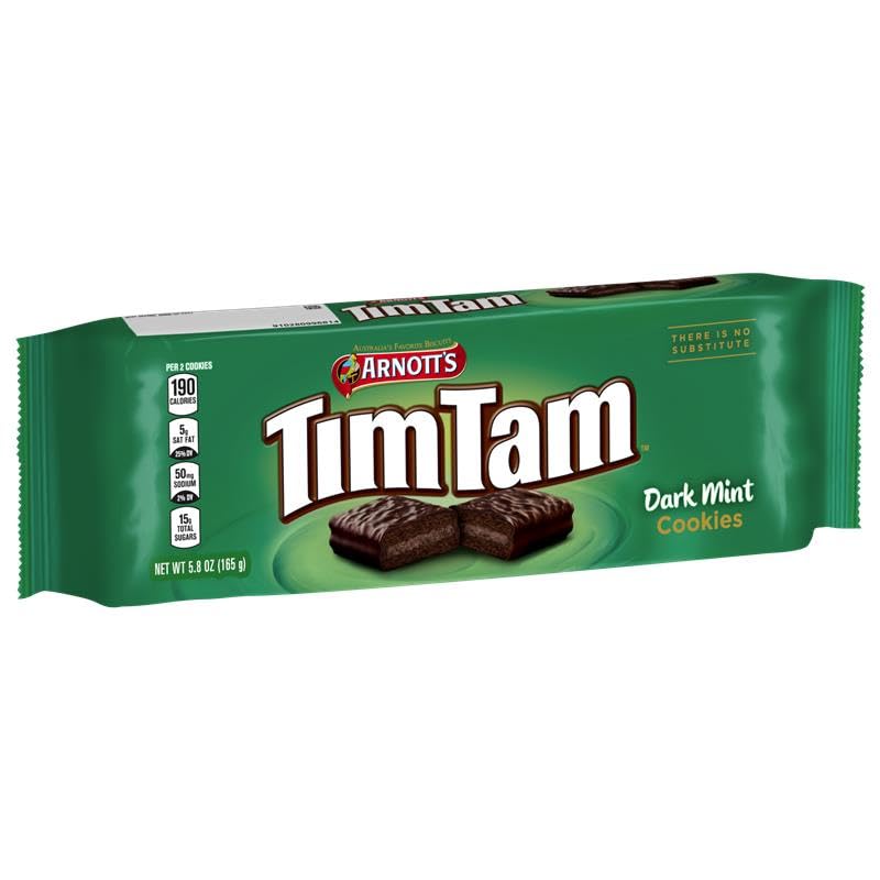 Tim Tam Dark Mint Cookie cross-section shows three layers: biscuit, mint cream, coating